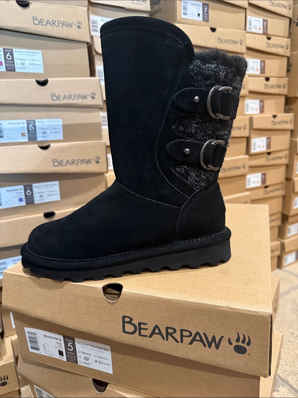 BearPaw Women's Black Suede Mid-Calf Winter Boot with Buckle Trim